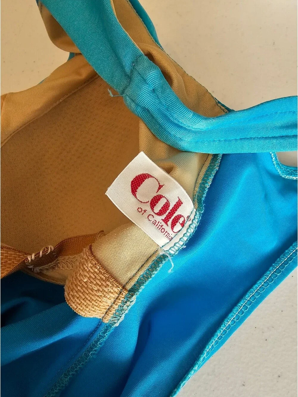 Vintage 1970s Cole of California Womens Sz 12 One Piece Swimsuit Blue w/ Ties